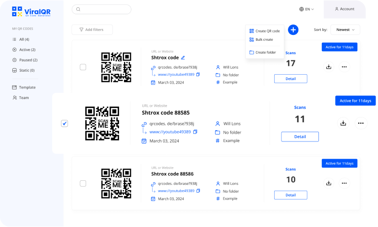 Dashboard van QR Code Generator